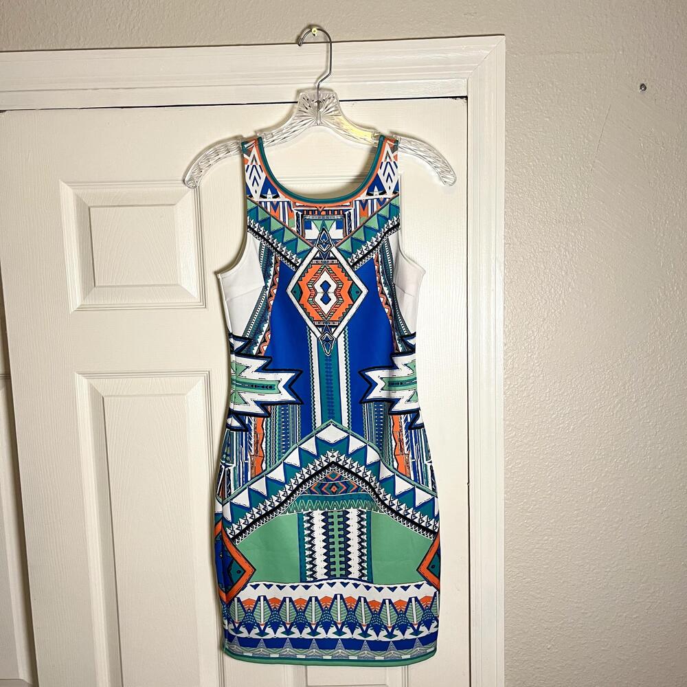 Peach Puff Dress Womens Small Blue Green Aztec Sleeveless Bodycon Geometric Mini
